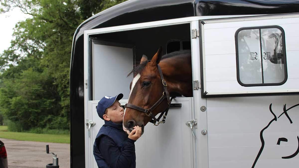 Un caballo asoma la cabeza por una furgoneta. Un jeune garçon l'embrasse sur le nez.